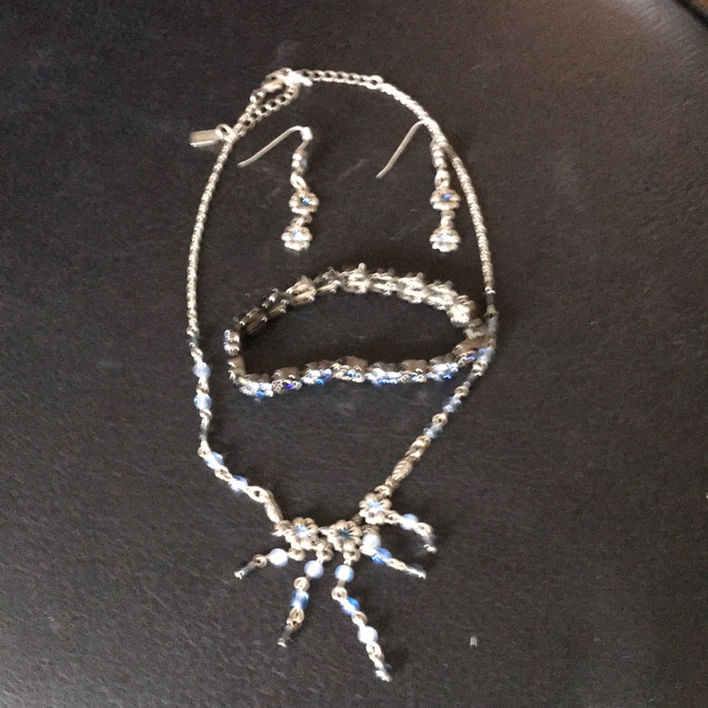 Blue Crystal Necklace, Earrings, and Bracelet